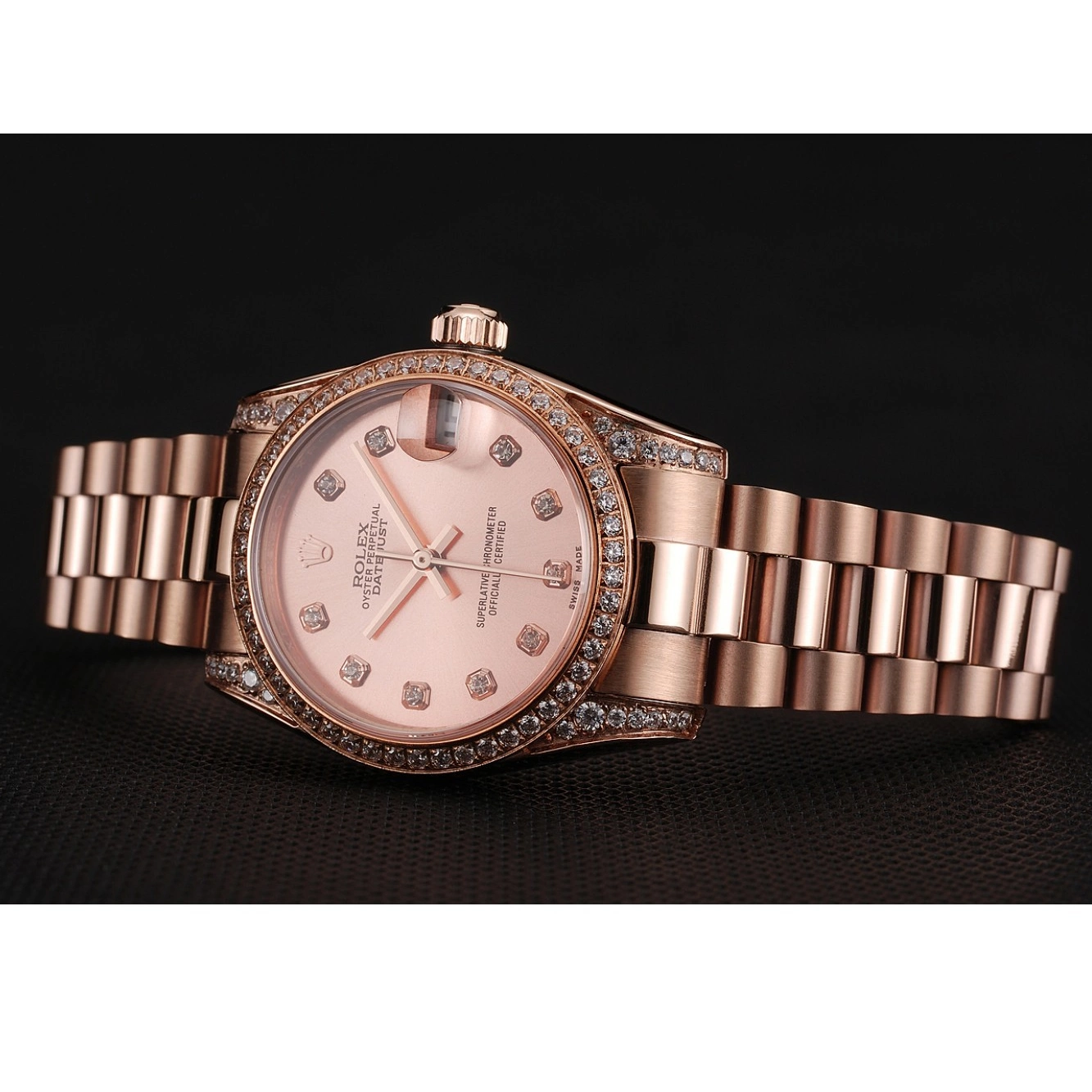 AAA replica watch Diamond DateJust Gold Rose 1453977 Rose Swiss Case Rolex Dial Gold Bracelet 0724
